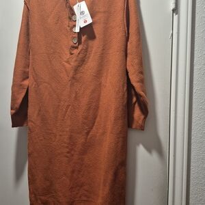 Button-Front Knit Tunic Dress in Rust
